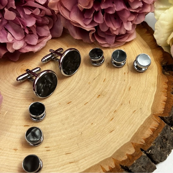 Black Mother of Pearl Cufflinks Tuxedo Studs Formal 8 Pcs Set - Picture 6 of 16